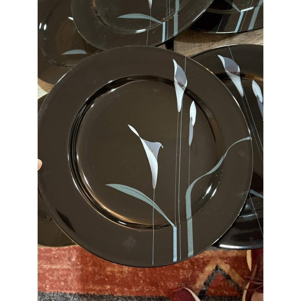 Set Of 4 Mikasa Galleria Black Opus Calla Lily Dinner Plates 11"